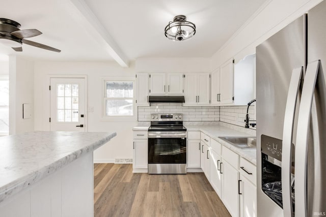 kitchen with beam ceiling, stainless steel appliances, tasteful backsplash, white cabinets, and light wood-type flooring