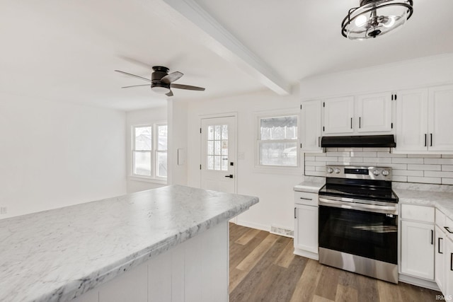 kitchen with white cabinetry, electric range, tasteful backsplash, and beamed ceiling