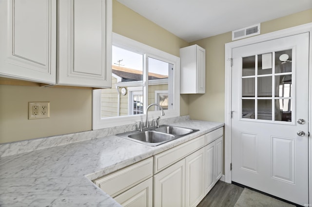 kitchen featuring dark wood-type flooring, sink, and white cabinets