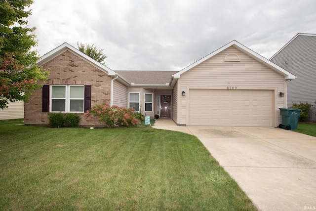 single story home with a garage and a front yard