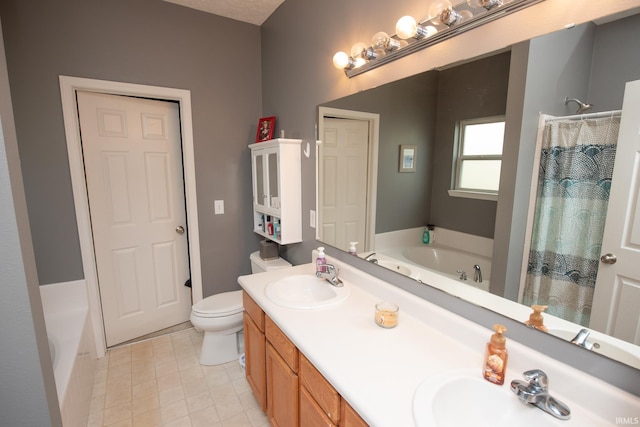 full bathroom featuring vanity, shower with separate bathtub, and toilet