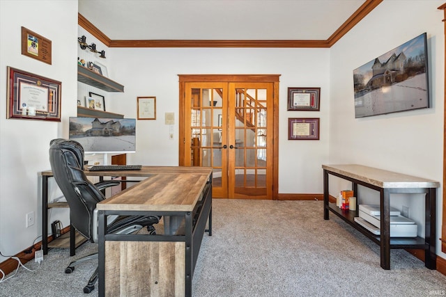 office featuring french doors, light colored carpet, and crown molding