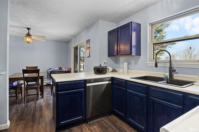 kitchen featuring sink, dark hardwood / wood-style floors, kitchen peninsula, and dishwasher