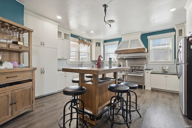 kitchen featuring custom exhaust hood, appliances with stainless steel finishes, white cabinets, and dark hardwood / wood-style flooring