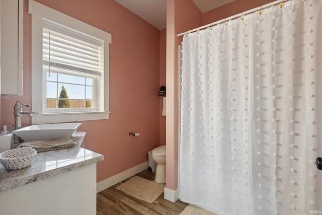 bathroom with hardwood / wood-style flooring, toilet, curtained shower, and sink