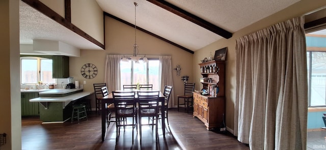 dining space featuring vaulted ceiling with beams, a textured ceiling, and dark hardwood / wood-style floors