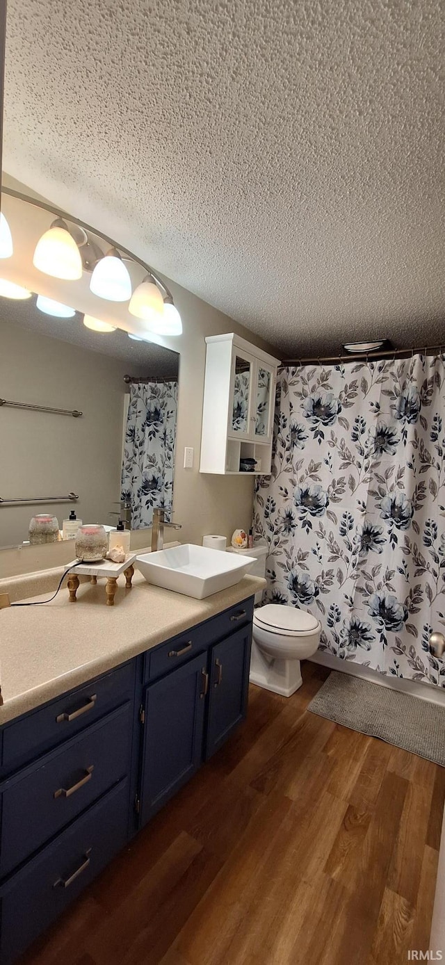 bathroom featuring wood-type flooring, vanity, a textured ceiling, and toilet