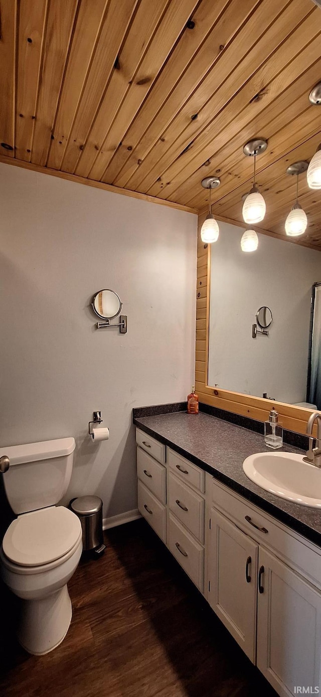 bathroom featuring wood ceiling, vanity, toilet, and hardwood / wood-style floors