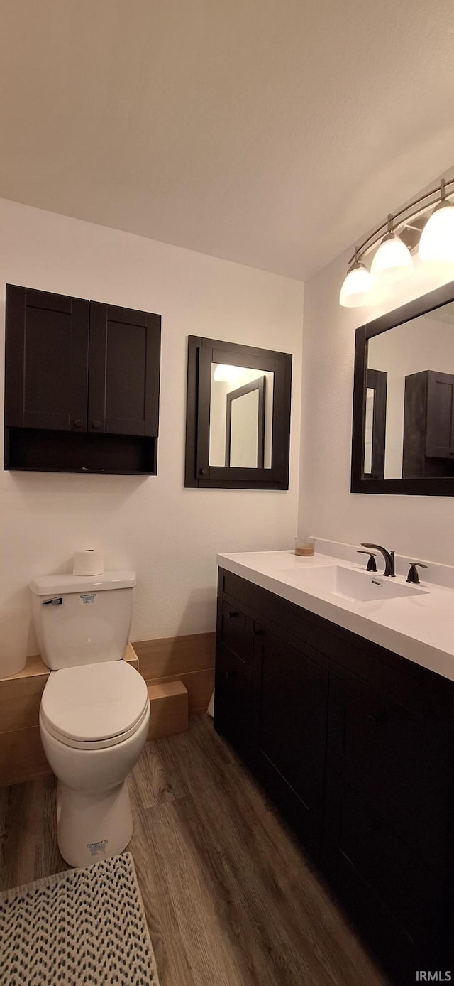 bathroom with wood-type flooring, vanity, and toilet