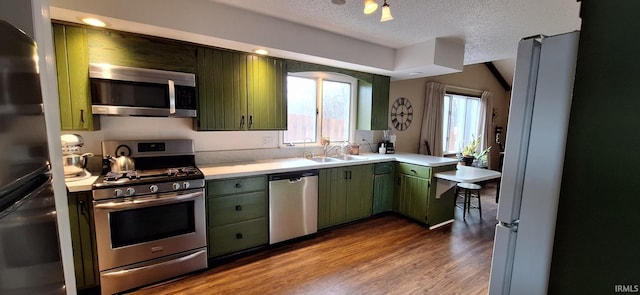 kitchen featuring wood-type flooring, stainless steel appliances, a textured ceiling, and green cabinets