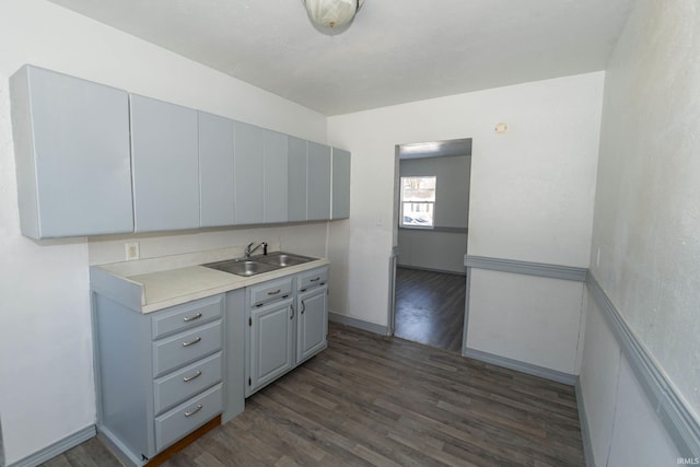 kitchen with sink, gray cabinetry, and dark hardwood / wood-style flooring