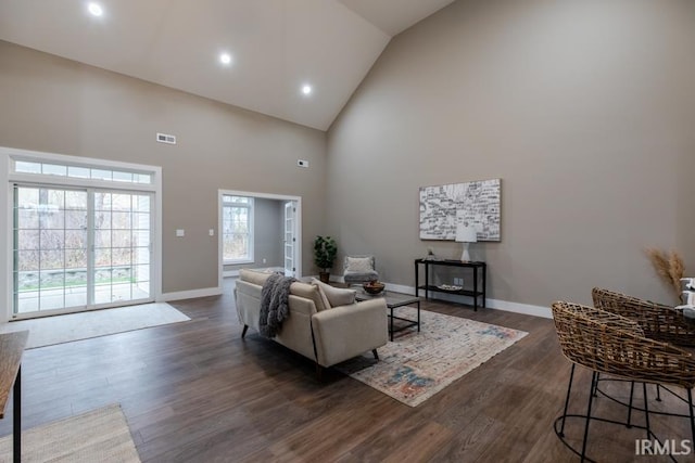 living room with high vaulted ceiling and dark hardwood / wood-style floors