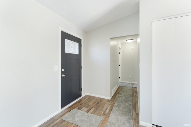 foyer entrance featuring lofted ceiling and hardwood / wood-style flooring