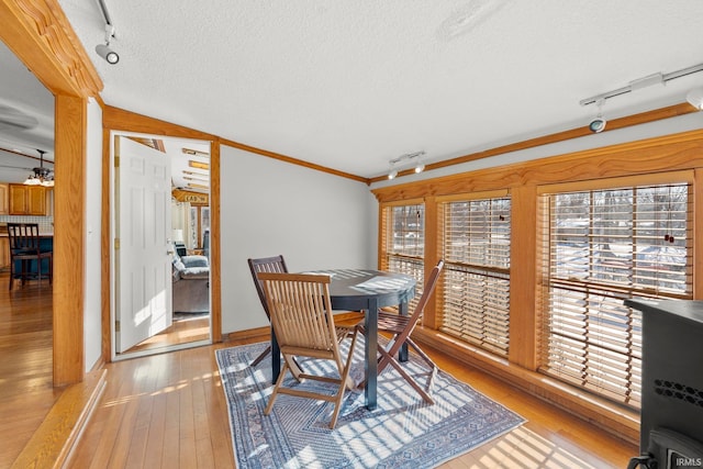 dining space featuring lofted ceiling, ornamental molding, a textured ceiling, and light wood-type flooring