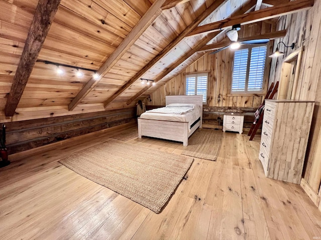 bedroom with lofted ceiling with beams, light wood-type flooring, wooden ceiling, and wooden walls