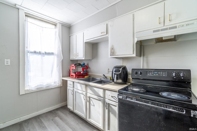 kitchen with sink, crown molding, light hardwood / wood-style flooring, white cabinets, and black range with electric cooktop