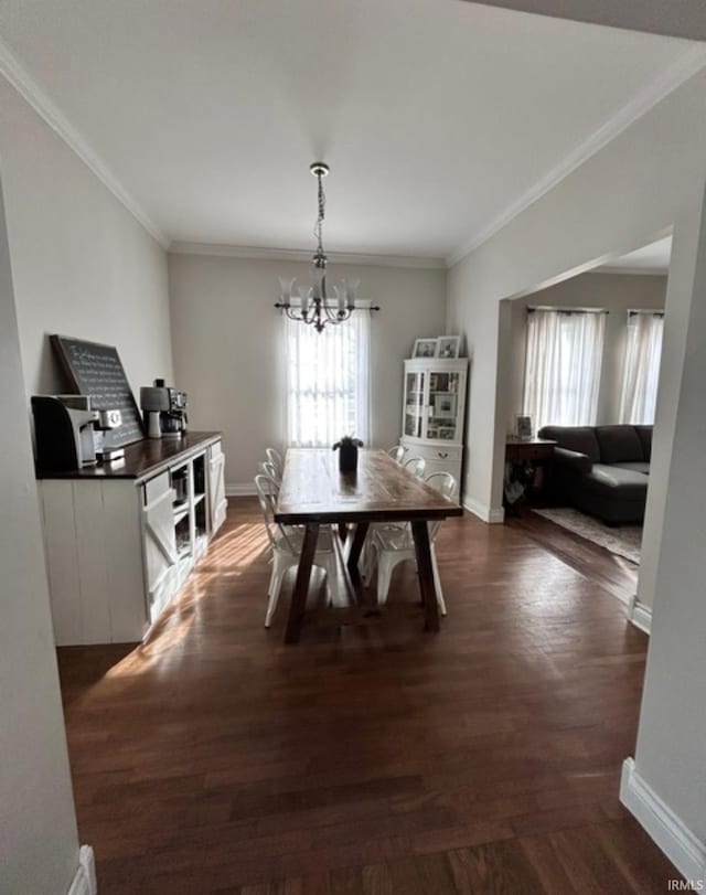 dining area featuring crown molding, dark hardwood / wood-style floors, and a chandelier