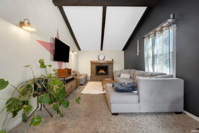 living room featuring light colored carpet, a fireplace, and lofted ceiling with beams