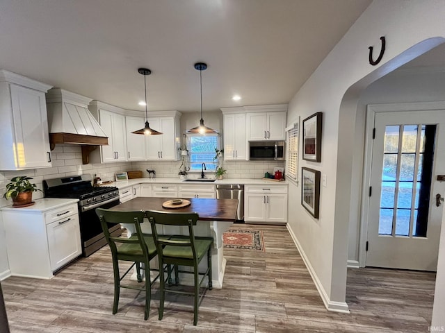 kitchen featuring white cabinetry, appliances with stainless steel finishes, custom range hood, and backsplash