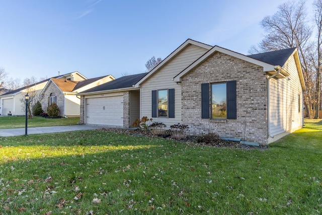 ranch-style home featuring a garage and a front lawn