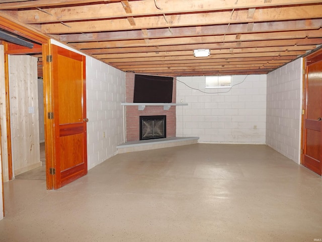 basement featuring a fireplace