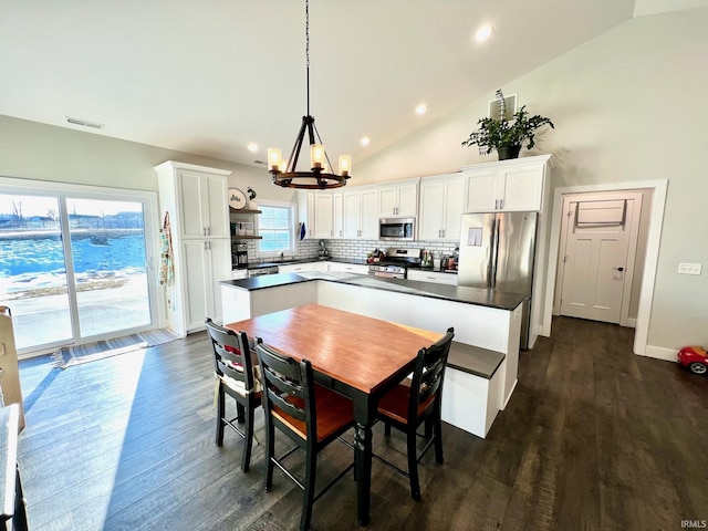 kitchen featuring lofted ceiling, stainless steel appliances, and white cabinets