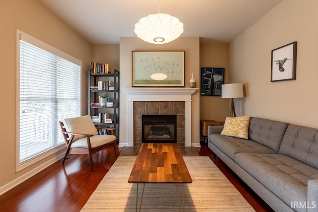 living room with a fireplace, hardwood / wood-style flooring, and plenty of natural light