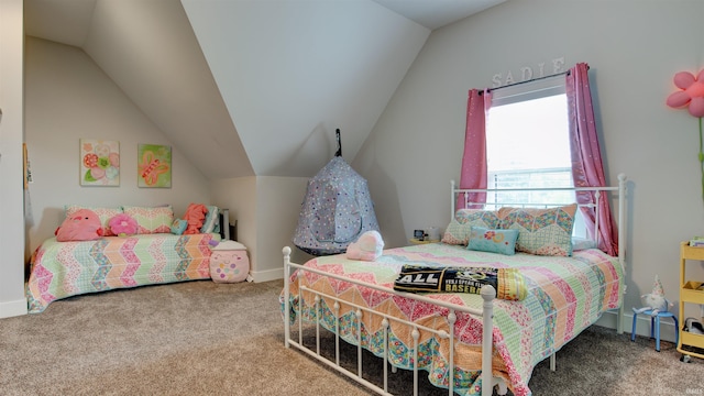 carpeted bedroom featuring lofted ceiling