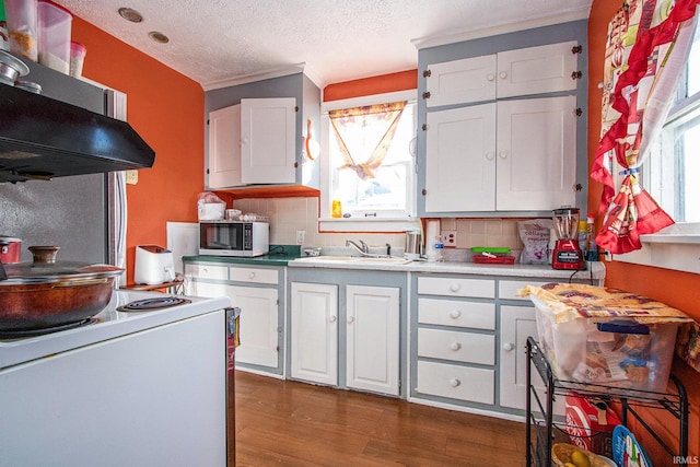 kitchen with tasteful backsplash, white cabinetry, sink, and a textured ceiling