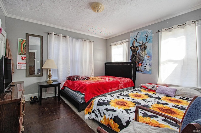 bedroom with crown molding, dark wood-type flooring, and a textured ceiling