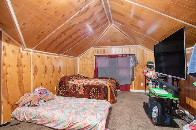 bedroom featuring wood ceiling, wooden walls, lofted ceiling, and carpet flooring