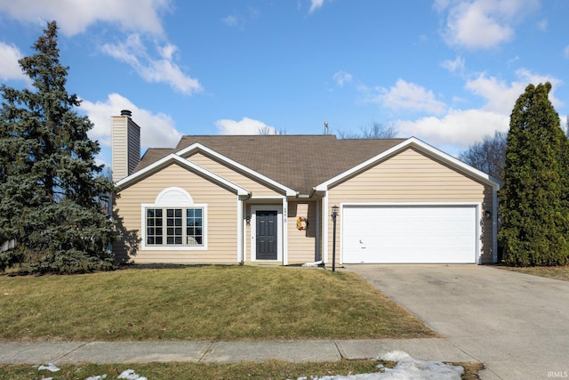 single story home featuring a garage and a front yard