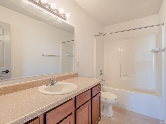 full bathroom featuring toilet, shower / bathing tub combination, a textured ceiling, vanity, and tile patterned flooring