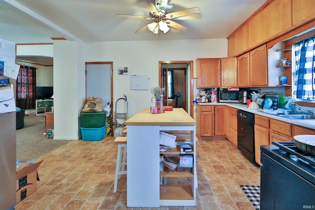 kitchen featuring sink, dishwasher, ceiling fan, light carpet, and range with gas cooktop