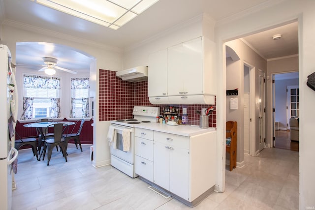 kitchen featuring white cabinetry, white appliances, ceiling fan, and decorative backsplash