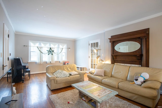 living room featuring crown molding and hardwood / wood-style flooring