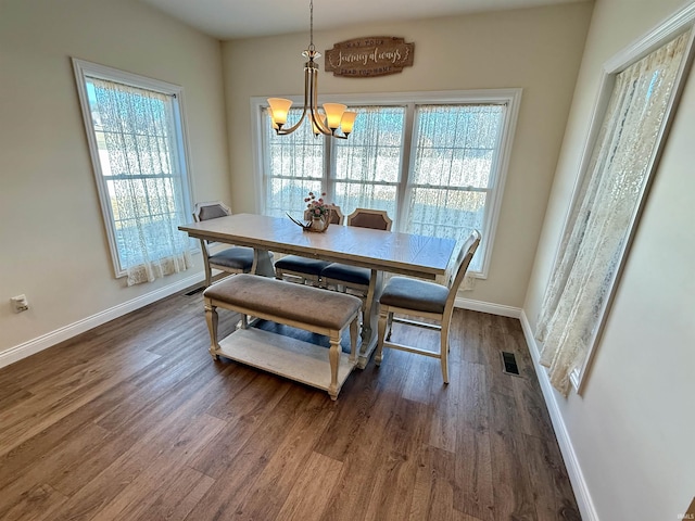 dining room featuring dark hardwood / wood-style floors and a chandelier