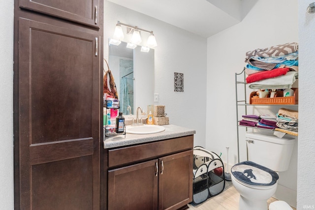 bathroom with vanity, walk in shower, and toilet