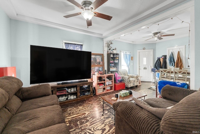 living room with ceiling fan