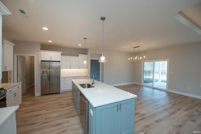 kitchen with sink, white cabinetry, hanging light fixtures, an island with sink, and stainless steel appliances