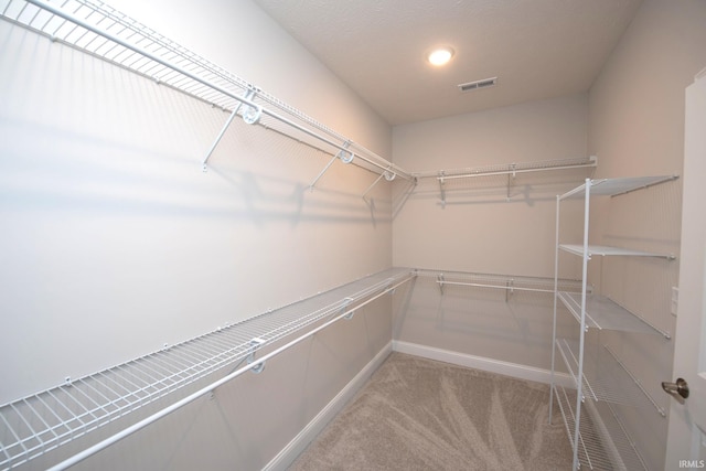 walk in closet with light carpet