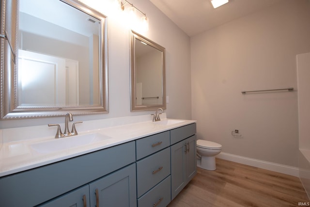 bathroom with wood-type flooring, vanity, and toilet