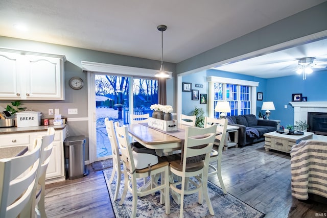 dining space featuring ceiling fan, a tiled fireplace, and hardwood / wood-style floors