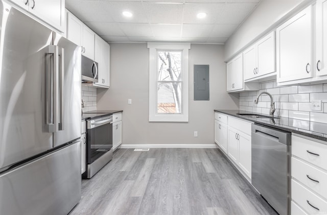 kitchen with sink, white cabinetry, a paneled ceiling, appliances with stainless steel finishes, and electric panel