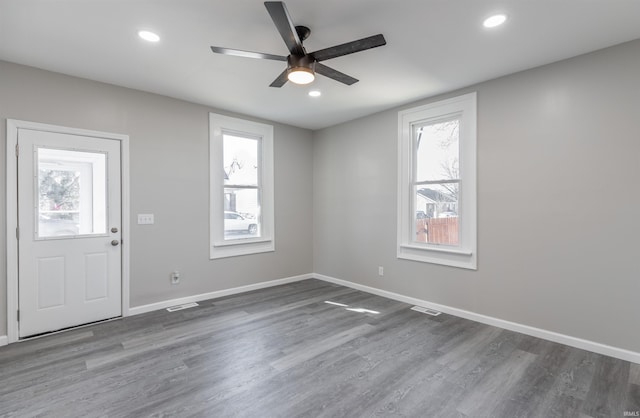 entryway with dark hardwood / wood-style floors, a wealth of natural light, and ceiling fan