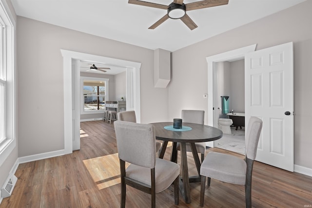 dining room with wood-type flooring and ceiling fan