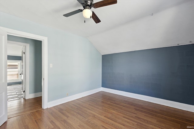 bonus room with vaulted ceiling, ceiling fan, and hardwood / wood-style floors