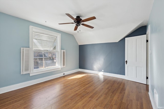 bonus room featuring ceiling fan, lofted ceiling, and hardwood / wood-style floors