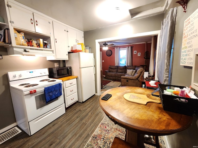 kitchen with white cabinetry, white appliances, dark wood-type flooring, and ceiling fan