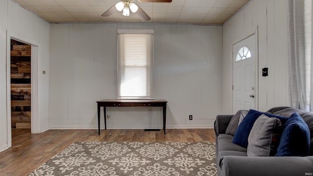 entrance foyer featuring ceiling fan and light wood-type flooring